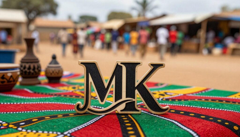 A detailed and artistic representation of the Malawian currency symbol featuring the distinct MK letters intertwined elegantly symbolizing the Malawian Kwacha The symbol should be displayed prominently in the foreground on a textured surface representing traditional Malawian fabric showcasing vibrant colors like red green and black In the middle ground incorporate subtle cultural elements such as silhouettes of local crops or traditional craft items hinting at the agricultural significance of Malawis economy The background should be a soft focus image of a local market capturing the lively atmosphere of Malawi Use natural lighting to create a warm and inviting mood with a shallow depth of field to draw focus to the currency symbol Aim for a professional and informative visual that embodies the cultural heritage of Malawi