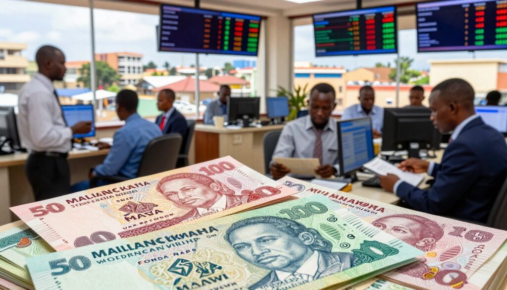 A detailed scene depicting the foreign exchange market in Malawi showcasing the Malawian kwacha in various denominations prominently in the foreground Include a professional currency exchange office setting with business people in professional attire engaged in conversations and analyzing currency rates In the middle ground feature digital displays showing fluctuating exchange rates with vibrant graphics illustrating market dynamics The background should show a stylized cityscape of Lilongwe Malawi under ample natural daylight emphasizing a bustling economic activity The overall mood should feel dynamic and professional capturing the essence of finance and commerce in Malawis currency landscape Use a slightly elevated angle to provide a comprehensive view and soft balanced lighting to enhance the atmosphere