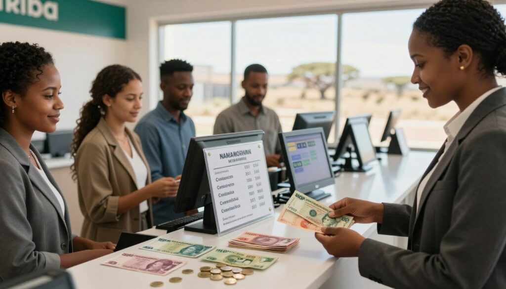 A bustling currency exchange office in Namibia showcasing a variety of Namibian dollar notes and coins arranged attractively on a sleek counter In the foreground a friendly attendant dressed in professional business attire assists a diverse group of customers exchanging money The middle layer features clear signage displaying various currencies accepted alongside modern exchange technology like digital screens showing live rates In the background large windows reveal a sunny day outside with the Namibian landscape visible Soft warm lighting enhances the welcoming atmosphere while a slight depth of field blurs the background just enough to keep the focus on the exchange process This image captures the essence of foreign exchange in Namibia emphasizing professionalism and inclusivity A bustling currency exchange office in Namibia showcasing a variety of Namibian dollar notes and coins arranged attractively on a sleek counter In the foreground a friendly attendant dressed in professional business attire assists a diverse group of customers exchanging money The middle layer features clear signage displaying various currencies accepted alongside modern exchange technology like digital screens showing live rates In the background large windows reveal a sunny day outside with the Namibian landscape visible Soft warm lighting enhances the welcoming atmosphere while a slight depth of field blurs the background just enough to keep the focus on the exchange process This image captures the essence of foreign exchange in Namibia emphasizing professionalism and inclusivity