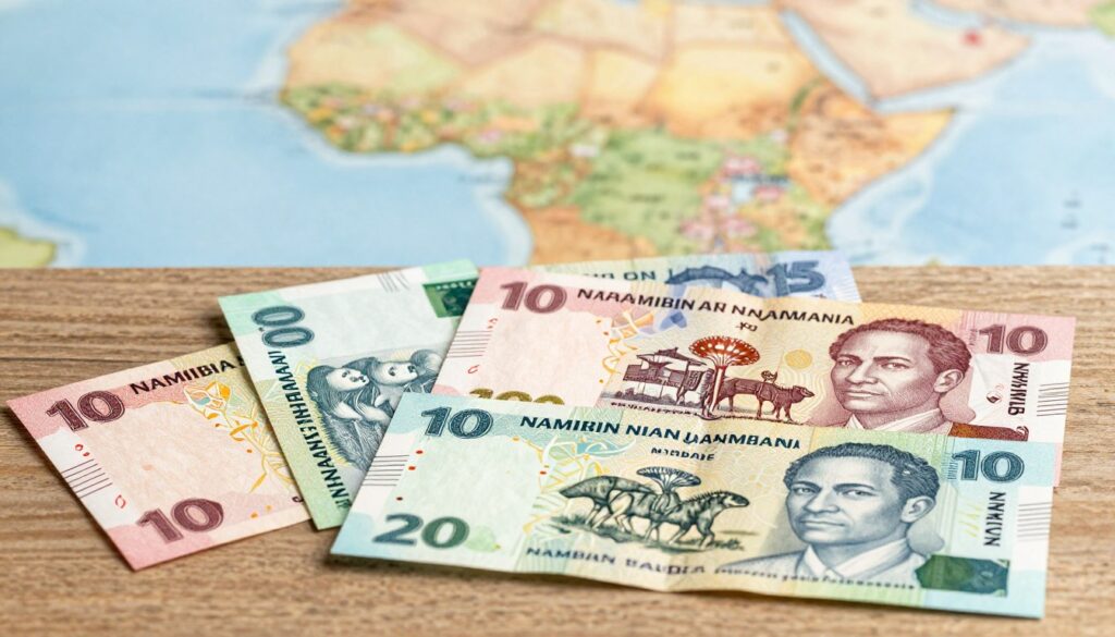 A detailed collection of Namibian banknotes displayed prominently in the foreground showcasing various denominations from 10 to 200 Namibian dollars Each banknote features vibrant colors and intricate designs including the iconic native wildlife cultural symbols and notable landmarks of Namibia The background softly blurs to reveal a stylized map of Namibia accentuating the countrys rich heritage The lighting is warm and inviting simulating natural daylight to enhance the colors of the banknotes The angle is slightly elevated providing a clear view of the notes laid on a textured wooden surface creating an atmosphere of exploration and discovery in the world of currency The mood is educational and engaging ideal for illustrating the uniqueness of Namibian currency A detailed collection of Namibian banknotes displayed prominently in the foreground showcasing various denominations from 10 to 200 Namibian dollars Each banknote features vibrant colors and intricate designs including the iconic native wildlife cultural symbols and notable landmarks of Namibia The background softly blurs to reveal a stylized map of Namibia accentuating the countrys rich heritage The lighting is warm and inviting simulating natural daylight to enhance the colors of the banknotes The angle is slightly elevated providing a clear view of the notes laid on a textured wooden surface creating an atmosphere of exploration and discovery in the world of currency The mood is educational and engaging ideal for illustrating the uniqueness of Namibian currency