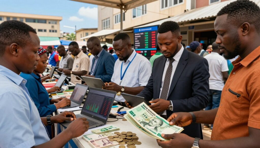 A bustling Nigerian forex market scene showcasing a diverse group of business professionals in smart casual attire engaged in currency exchange discussions In the foreground a currency exchange desk with prominently displayed Nigerian Naira notes and coins alongside currency conversion rates The middle ground features people analyzing charts and graphs on tablets and laptops indicating active trading while a digital ticker displays fluctuating exchange rates The background reveals a busy urban setting with modern buildings and a clear blue sky The atmosphere is vibrant and energetic capturing the essence of financial activity and commerce in Nigeria Bright natural lighting enhances the scene with a focus on clarity and detail shot from a slightly elevated angle to capture the entire environment A bustling Nigerian forex market scene showcasing a diverse group of business professionals in smart casual attire engaged in currency exchange discussions In the foreground a currency exchange desk with prominently displayed Nigerian Naira notes and coins alongside currency conversion rates The middle ground features people analyzing charts and graphs on tablets and laptops indicating active trading while a digital ticker displays fluctuating exchange rates The background reveals a busy urban setting with modern buildings and a clear blue sky The atmosphere is vibrant and energetic capturing the essence of financial activity and commerce in Nigeria Bright natural lighting enhances the scene with a focus on clarity and detail shot from a slightly elevated angle to capture the entire environment