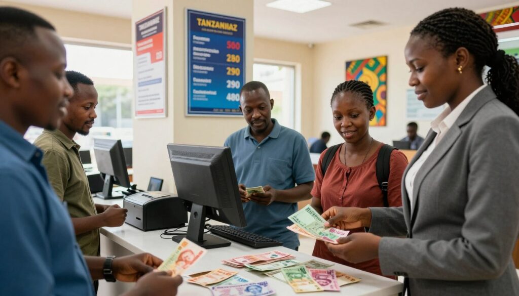 A bustling Tanzanian currency exchange scene showcasing a modern exchange counter filled with vibrant Tanzanian shillings and banknotes In the foreground a friendly attendant in professional business attire assists a diverse group of tourists exchanging money their expressions reflecting curiosity and excitement The middle ground features various currency exchange posters displaying current rates with a sleek computer and cash register on the counter The background depicts a bright airy banking interior with colorful artwork inspired by Tanzanian culture Soft natural lighting filters through large windows creating a welcoming atmosphere The image captures a sense of professionalism and efficiency in a lively currency exchange environment A bustling Tanzanian currency exchange scene showcasing a modern exchange counter filled with vibrant Tanzanian shillings and banknotes In the foreground a friendly attendant in professional business attire assists a diverse group of tourists exchanging money their expressions reflecting curiosity and excitement The middle ground features various currency exchange posters displaying current rates with a sleek computer and cash register on the counter The background depicts a bright airy banking interior with colorful artwork inspired by Tanzanian culture Soft natural lighting filters through large windows creating a welcoming atmosphere The image captures a sense of professionalism and efficiency in a lively currency exchange environment