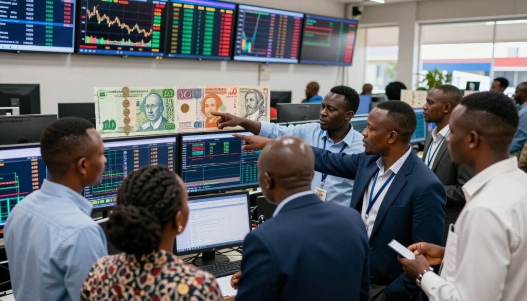 A bustling Zambian Forex market scene vividly depicted with traders in professional business attire analyzing currency charts on large screens In the foreground a diverse group of individuals including men and women are engaged in discussions pointing at financial data The middle layer features various currency bills and coins of the Zambian Kwacha subtly highlighted to showcase investment opportunities The background reveals a modern trading environment with digital displays showing exchange rates graphs and market trends illuminated by soft natural lighting The atmosphere is dynamic and focused conveying a sense of opportunity and growth in Zambias financial landscape The angle captures an immersive view drawing the viewer into the activity of the Forex market