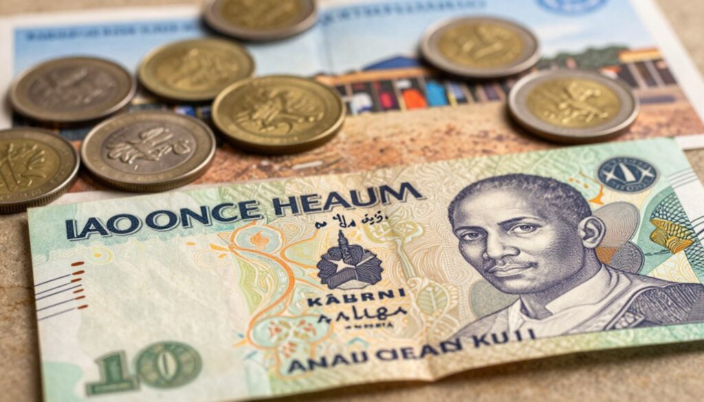 A close up image of Somali currency featuring a detailed depiction of a Somali shilling note along with various coins In the foreground focus on a vibrant shilling banknote displaying its intricate design and security features placed against a textured surface Surrounding the note an assortment of shiny coins featuring the Somali emblem should be clearly visible showcasing their unique designs In the middle background softly blurred images of the Somali landscape or markets can give context creating a feel of local culture and economy The lighting should be warm and inviting illuminating the details of the currency to enhance its value The composition should evoke a sense of appreciation for Somalias economic richness and cultural heritage without any distractions or text elements The mood is informative and engaging perfect for an educational context