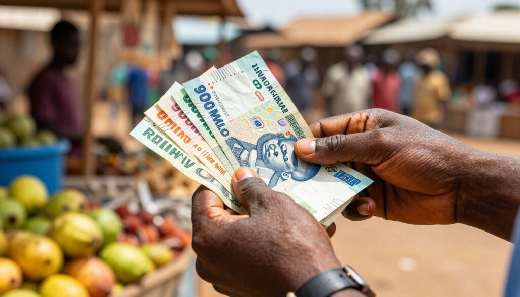 A closeup of a pair of hands carefully handling Ugandan banknotes with a focus on the vibrant colors and intricate designs of the currency The hands are adorned with a simple wristwatch indicating a sense of professionalism In the background a softly blurred marketplace scene is visible with stalls displaying local crafts and fruits conveying a lively Ugandan environment The lighting is bright and natural suggesting a sunny day which imparts warmth and security to the scene The camera angle is slightly tilted upward emphasizing the hands and currency while subtly including the bustling background The overall mood is one of caution and responsibility highlighting the importance of safely managing cash while traveling A close up of a pair of hands carefully handling Ugandan banknotes with a focus on the vibrant colors and intricate designs of the currency The hands are adorned with a simple wristwatch indicating a sense of professionalism In the background a softly blurred marketplace scene is visible with stalls displaying local crafts and fruits conveying a lively Ugandan environment The lighting is bright and natural suggesting a sunny day which imparts warmth and security to the scene The camera angle is slightly tilted upward emphasizing the hands and currency while subtly including the bustling background The overall mood is one of caution and responsibility highlighting the importance of safely managing cash while traveling
