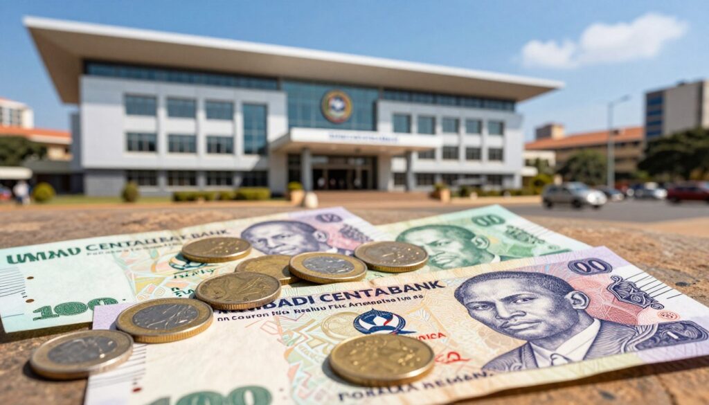 A closeup view of the Uganda Central Bank showcasing the modern architectural design of the building in the foreground prominently featuring the banks emblem and entrance In the middle ground display a variety of Ugandan currency notes and coins spread out highlighting their vibrant colors and intricate designs that reflect the nations culture and economy The background should depict a bustling cityscape of Kampala with clear blue skies and bright sunlight illuminating the scene creating an optimistic and dynamic atmosphere Use a shallow depth of field to focus on the currency while keeping the bank and city subtly blurred The overall mood is professional and informative reflecting recent developments in currency policy in Uganda A close up view of the Uganda Central Bank showcasing the modern architectural design of the building in the foreground prominently featuring the banks emblem and entrance In the middle ground display a variety of Ugandan currency notes and coins spread out highlighting their vibrant colors and intricate designs that reflect the nations culture and economy The background should depict a bustling cityscape of Kampala with clear blue skies and bright sunlight illuminating the scene creating an optimistic and dynamic atmosphere Use a shallow depth of field to focus on the currency while keeping the bank and city subtly blurred The overall mood is professional and informative reflecting recent developments in currency policy in Uganda