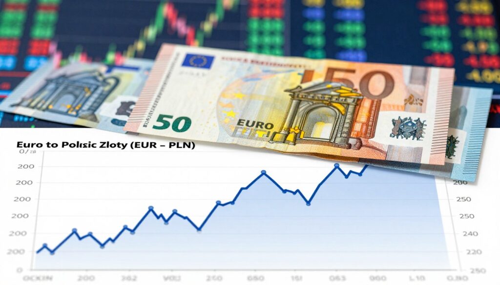 A detailed and informative illustration depicting the forecast for the Euro to Polish Zloty EUR to PLN exchange rate In the foreground graph lines with upward and downward trends exhibit fluctuations highlighting various key data points and predictions In the middle ground include stylized images of euro and zloty banknotes interwoven with digital financial graphs and charts symbolizing market analysis The background features an abstract representation of a bustling stock market with vivid colors suggestive of dynamic financial activity Use bright clear lighting to convey a sense of optimism and growth in the financial sector captured from an eye level perspective to enhance engagement The overall mood should be professional and analytical ideal for a finance related article
