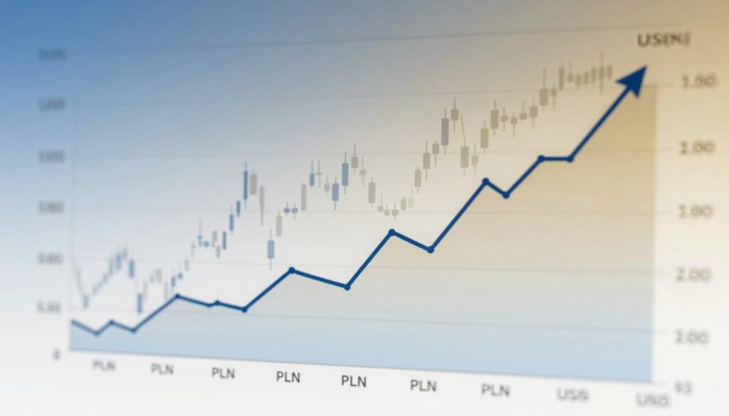 A detailed line graph showing the historical exchange rate trends between the Polish Zloty PLN and the US Dollar USD over the past decade In the foreground the line graph features a prominent upward trend indicating growth with clearly marked years and exchange rates The middle section displays stylized candlestick charts representing fluctuations while a smooth gradient background transitions from a soft blue to a muted gold creating a professional and calm atmosphere The overall lighting should have a polished digital feel resembling a well designed financial report Capture this image from a slightly elevated angle showcasing a clean modern design aesthetic without any text or annotations focusing solely on the data visualization evoking clarity and precision in financial analysis