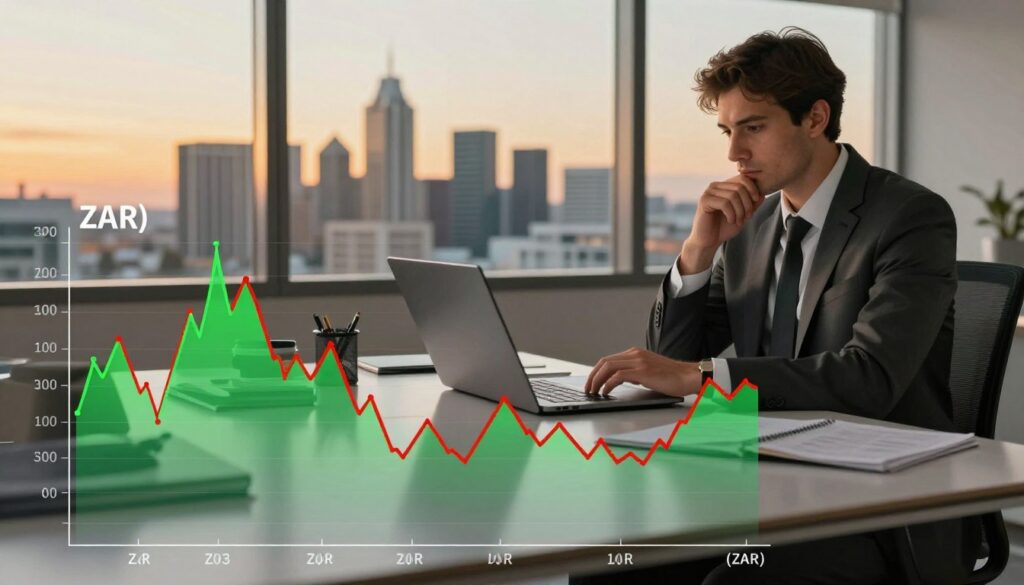 A dynamic and visually striking illustration representing the forecast of the South African Rand ZAR currency In the foreground a detailed digital graph displaying fluctuating ZAR values with vibrant green and red lines signifying gains and losses In the middle ground a polished professional setting with a modern office desk where a businessperson in a tailored suit is analyzing currency data on a laptop their expression focused and thoughtful The background features a large window showcasing a panoramic view of Johannesburgs skyline at dusk with warm golden light filtering through The overall mood is one of anticipation and analysis embodying a professional environment dedicated to financial insights The lighting is soft yet clear and the angle captures both the person and the graph effectively in a harmonious composition