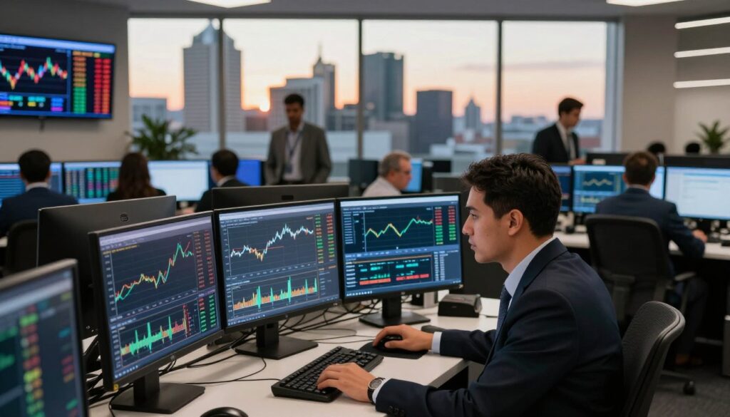 A dynamic scene depicting the South Africa forex market highlighting the trading of the Rand In the foreground a focused trader in professional business attire intently analyzes multiple screens displaying live forex charts with fluctuating Rand values The middle ground features a bustling trading floor with professionals collaborating accentuated by data boards showcasing key statistics of the market The background reveals a panoramic view of the Johannesburg skyline bathed in the warm glow of the setting sun reflecting the vibrant energy of the financial hub The atmosphere is tense yet exhilarating with a sense of urgency and opportunity in the air Utilize soft natural lighting to enhance the realism capturing the strategic moments in forex trading