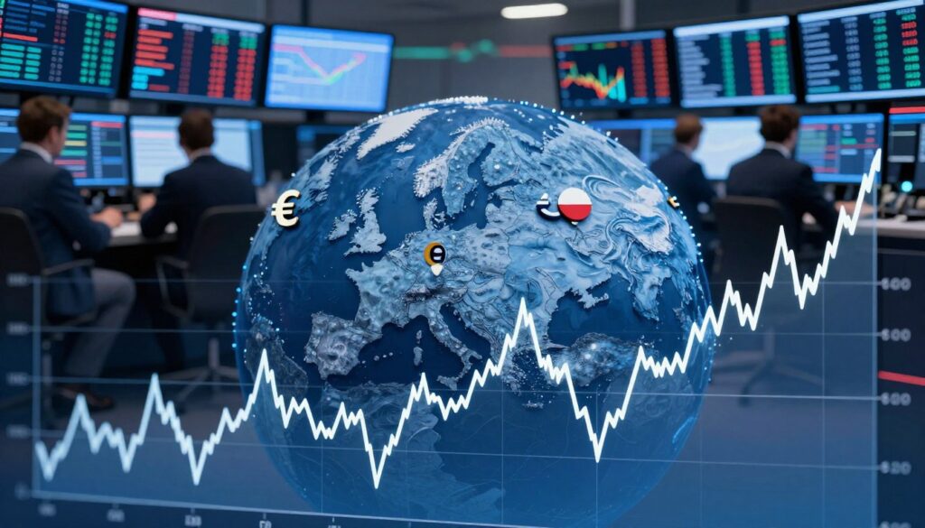 A dynamic visualization of EUR PLN volatility set in the context of the foreign exchange market In the foreground a digital graph displays fluctuating exchange rates with sharp peaks and troughs symbolizing volatility The middle ground features a stylized globe representing Europe and Poland with currency symbols integrated into the landscape In the background a bustling trading floor filled with professionals in business attire analyzing market trends on large screens showcasing EUR to PLN data The lighting is bright and focused highlighting the screens with a cool blue color palette evoking a sense of technology and finance The mood is intense and energetic capturing the fast paced nature of Forex trading