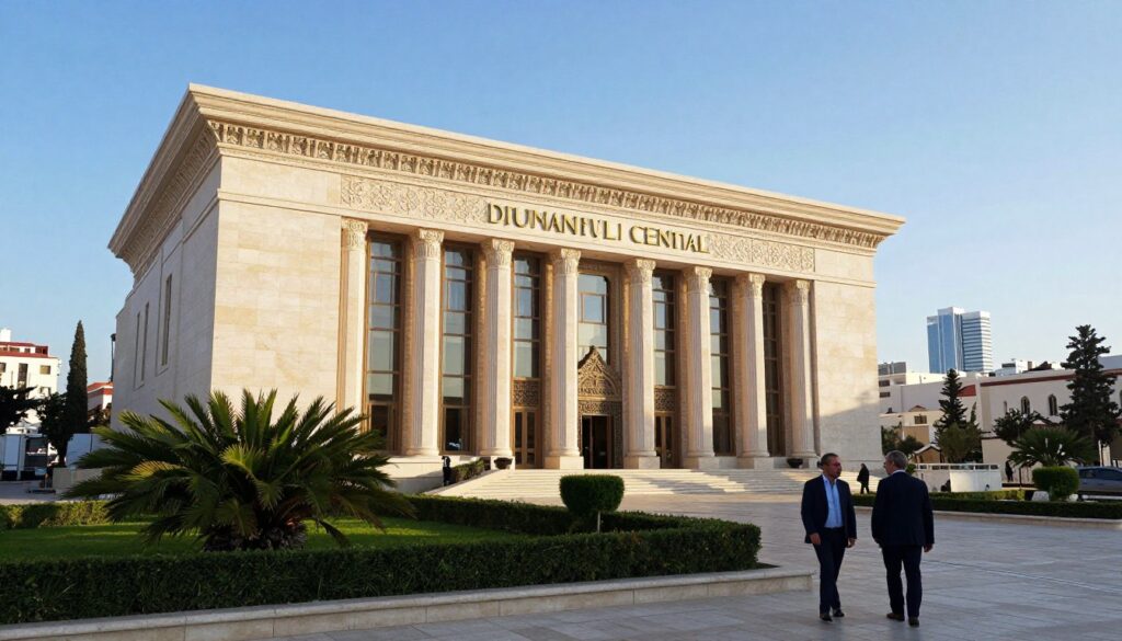 A grand view of the Tunisian Central Bank building showcasing its modern architecture with ornate details situated prominently in the foreground In the middle ground include lush green landscaping and a clear blue sky with soft sunlight illuminating the banks facade Incorporate a few professional individuals in business attire engaging in conversation as they walk by reflecting the banks role in currency management In the background hint at the bustling city of Tunis with skyscrapers and traditional buildings creating a balanced blend of modernity and culture Capture the scene from a slightly elevated angle to provide depth with a warm inviting atmosphere that conveys stability and trust in financial services A grand view of the Tunisian Central Bank building showcasing its modern architecture with ornate details situated prominently in the foreground In the middle ground include lush green landscaping and a clear blue sky with soft sunlight illuminating the banks facade Incorporate a few professional individuals in business attire engaging in conversation as they walk by reflecting the banks role in currency management In the background hint at the bustling city of Tunis with skyscrapers and traditional buildings creating a balanced blend of modernity and culture Capture the scene from a slightly elevated angle to provide depth with a warm inviting atmosphere that conveys stability and trust in financial services