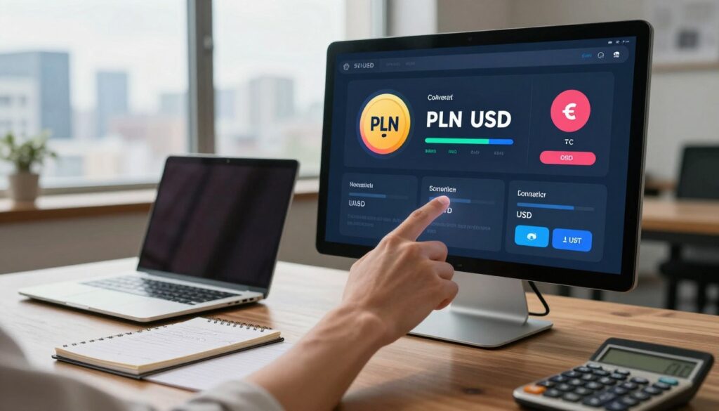 A sleek and modern desktop setup featuring a digital currency converter on a high resolution screen In the foreground a hand is reaching towards the screen interacting with an intuitive interface displaying the PLN to USD exchange rate with vibrant currency symbols and conversion tools The middle ground includes a stylish laptop a notepad with financial notes and a calculator all set on a polished wooden desk In the background a blurred view of a city skyline can be seen through a large window allowing natural light to illuminate the scene The overall atmosphere is professional and dynamic creating a sense of urgency and relevance in the world of currency exchanges