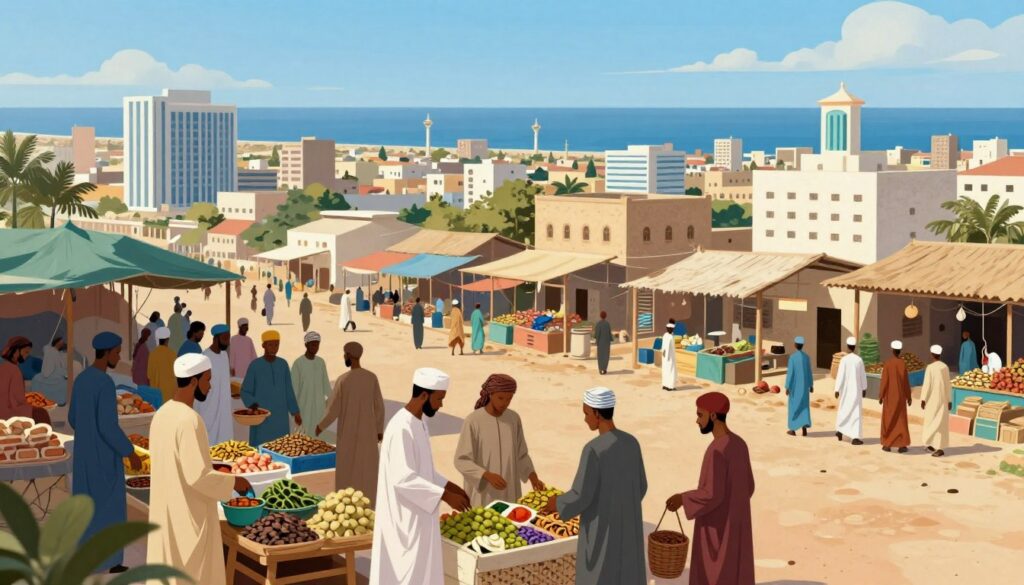 A vibrant illustration of Somalias economy sectors showcasing a bustling marketplace in the foreground where individuals dressed in professional and modest clothing engage in trade In the middle ground depict small businesses and street vendors selling various goods highlighting agriculture livestock and fishingthree key sectors of the Somali economy In the background show a panoramic view of the coastline and modest cityscape symbolizing trade and infrastructures like banks and marketplaces Use bright natural lighting to create an optimistic atmosphere with a slight focus effect on the foreground to give depth Capture the essence of Somalias financial system infrastructure by illustrating modern bank buildings subtly integrated into the urban landscape The overall mood should be dynamic and hopeful reflecting economic activity and growth