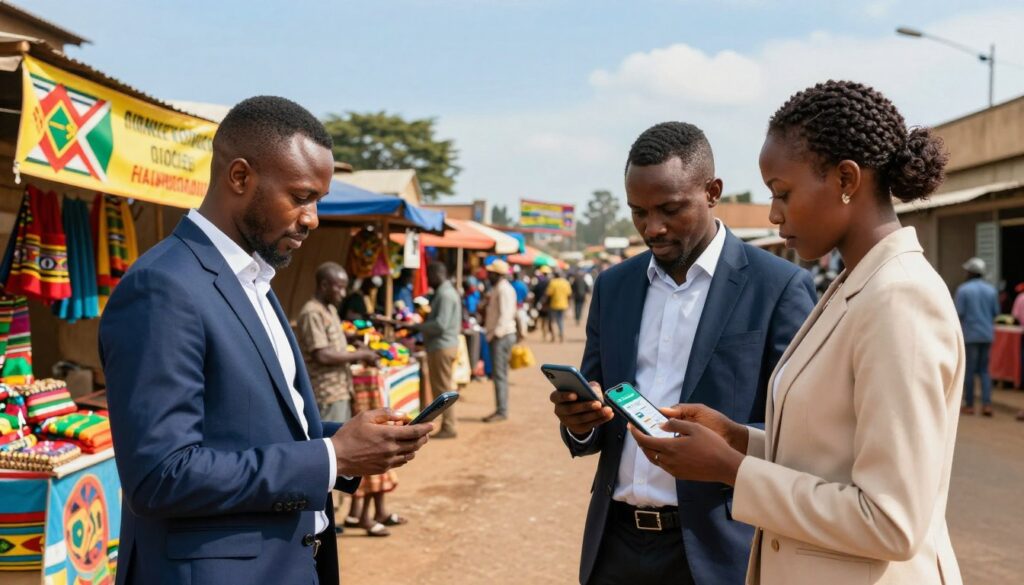 A vibrant street scene in Zambia showcasing the digital transformation of the financial sector through mobile money adoption In the foreground a diverse group of three professionalstwo men in smart business attire and a woman in a modest business outfitare engaged in a discussion while interacting with their smartphones displaying mobile payment apps In the middle ground small vendor stalls illustrate the local economy with colorful goods and services being exchanged emphasizing daily transactions The background features a bustling market with vibrant banners showcasing Zambian culture while a clear blue sky casts a warm inviting light over the entire scene The mood conveys innovation and community engagement signifying the rapid adoption of digital financial solutions in urban Zambia