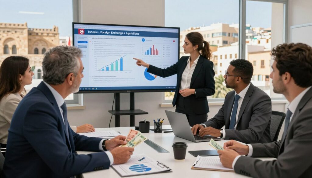 A wellorganized office scene in Tunis showcasing a diverse group of professionals engaged in discussions about Tunisian Foreign Exchange Regulations In the foreground a middleaged Tunisian man in a sharp suit is examining currency notes and charts on a sleek desk In the middle a young woman in professional attire is pointing at a large digital screen displaying graphs and key regulations The background features a panoramic view of Tunis with historical architecture blending with modern buildings bathed in warm natural lighting The atmosphere is focused and productive reflecting a serious yet collaborative mood The overall composition emphasizes the theme of currency and financial regulation without any text or distractions A well organized office scene in Tunis showcasing a diverse group of professionals engaged in discussions about Tunisian Foreign Exchange Regulations In the foreground a middle aged Tunisian man in a sharp suit is examining currency notes and charts on a sleek desk In the middle a young woman in professional attire is pointing at a large digital screen displaying graphs and key regulations The background features a panoramic view of Tunis with historical architecture blending with modern buildings bathed in warm natural lighting The atmosphere is focused and productive reflecting a serious yet collaborative mood The overall composition emphasizes the theme of currency and financial regulation without any text or distractions