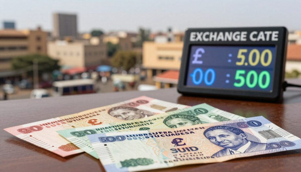 An informative and visually engaging scene illustrating the South Sudanese Pound and its exchange rate In the foreground feature a closeup of an elegant table displaying a variety of South Sudanese banknotes with varying colors and denominations In the middle ground present a digital exchange rate display showing the pounds value against major currencies like the US dollar and Euro glowing subtly to emphasize its importance The background should showcase a blurred view of a busy South Sudanese city capturing its unique architecture and atmosphere under clear daylight with a warm and inviting tone Use soft natural lighting to enhance the scene while maintaining a focused clarity on the banknotes and exchange rate display The overall mood should be informative and professional suitable for educational purposes An informative and visually engaging scene illustrating the South Sudanese Pound and its exchange rate In the foreground feature a close up of an elegant table displaying a variety of South Sudanese banknotes with varying colors and denominations In the middle ground present a digital exchange rate display showing the pounds value against major currencies like the US dollar and Euro glowing subtly to emphasize its importance The background should showcase a blurred view of a busy South Sudanese city capturing its unique architecture and atmosphere under clear daylight with a warm and inviting tone Use soft natural lighting to enhance the scene while maintaining a focused clarity on the banknotes and exchange rate display The overall mood should be informative and professional suitable for educational purposes