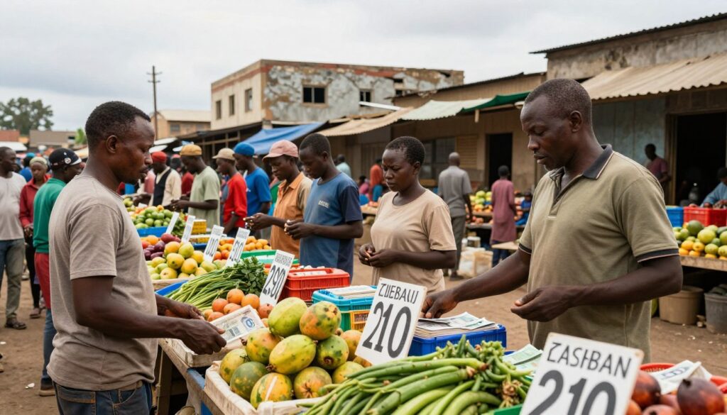 A bustling marketplace in Zimbabwe reflecting the impact of inflation on the local economy In the foreground a vendor stands behind a colorful stall filled with various goods such as fruits and vegetables showcasing a sense of urgency as they display prices in Zimbabwean dollars rapidly changing The middle ground features shoppers examining goods some visibly concerned illustrating the economic strain The background reveals dilapidated buildings hinting at the economic challenges under a slightly overcast sky to create a somber mood The scene is captured from a dynamic angle emphasizing the interaction between vendors and customers Soft diffused lighting enhances the atmosphere while realistic textures highlight the contrast between vibrant market life and signs of economic turmoil