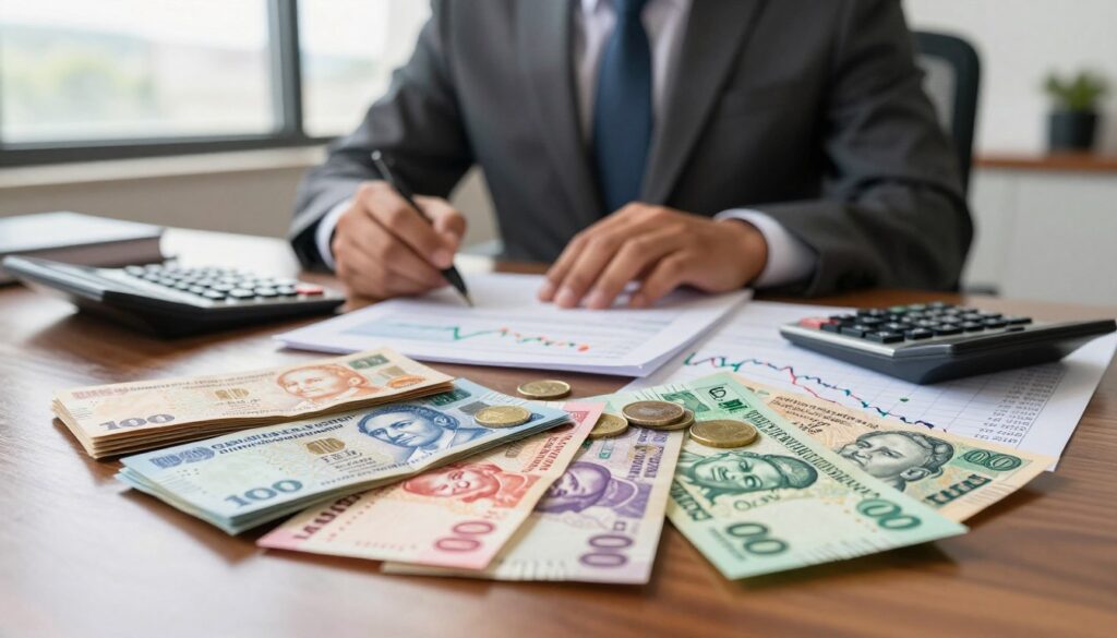 A visually striking representation of Zimbabwean currency exchange rates prominently featuring vibrant Zimbabwean banknotes and coins spread across a polished wooden desk reflecting the economic environment In the foreground stacks of colorful banknotes including the iconic Zimbabwean 0 trillion note are artfully arranged with a sleek calculator and a financial chart depicting fluctuating exchange rates beside them In the middle ground a well dressed financial analyst in a sharp business suit studies the data intently portraying professional focus and determination The background should show a blurred office environment hinting at a bustling economic atmosphere with soft daylight streaming in through large windows creating a warm and hopeful mood The overall composition conveys a sense of urgency and analysis in the context of Zimbabwes monetary interventions