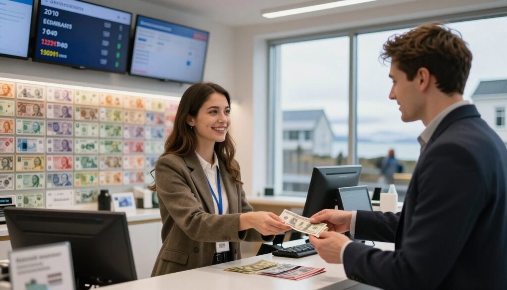A bustling currency exchange office in Iceland featuring sleek modern design elements and a welcoming atmosphere In the foreground a friendly cashier assists a US traveler both dressed in smart casual attire exchanging US dollars for Icelandic króna The middle ground showcases a vibrant display of currency notes and exchange rates on digital screens The background features scenic Icelandic landscapes visible through large windows emphasizing the contrast between the urban financial environment and the natural beauty outside Soft warm lighting creates an inviting atmosphere with a slightly blurred focus on the windows to capture the essence of a lively exchange hub The mood reflects a sense of convenience and accessibility for US travelers looking to exchange their currency