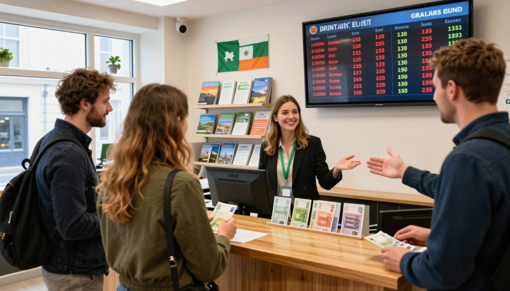 A bustling currency exchange office in Ireland featuring a friendly clerk behind a polished wooden counter with a digital currency exchange board displayed prominently In the foreground a couple of tourists dressed in smart casual attire are examining euros and other currencies along with a local guide who gestures towards the exchange rates The middle ground shows shelves filled with brochures about local attractions and travel tips The background reveals a bright modern design with Irish themed decor and large windows allowing natural light to pour in creating a welcoming atmosphere The scene is lively and dynamic capturing the essence of navigating foreign currency exchange The lighting is warm and inviting highlighting the details of the currencies