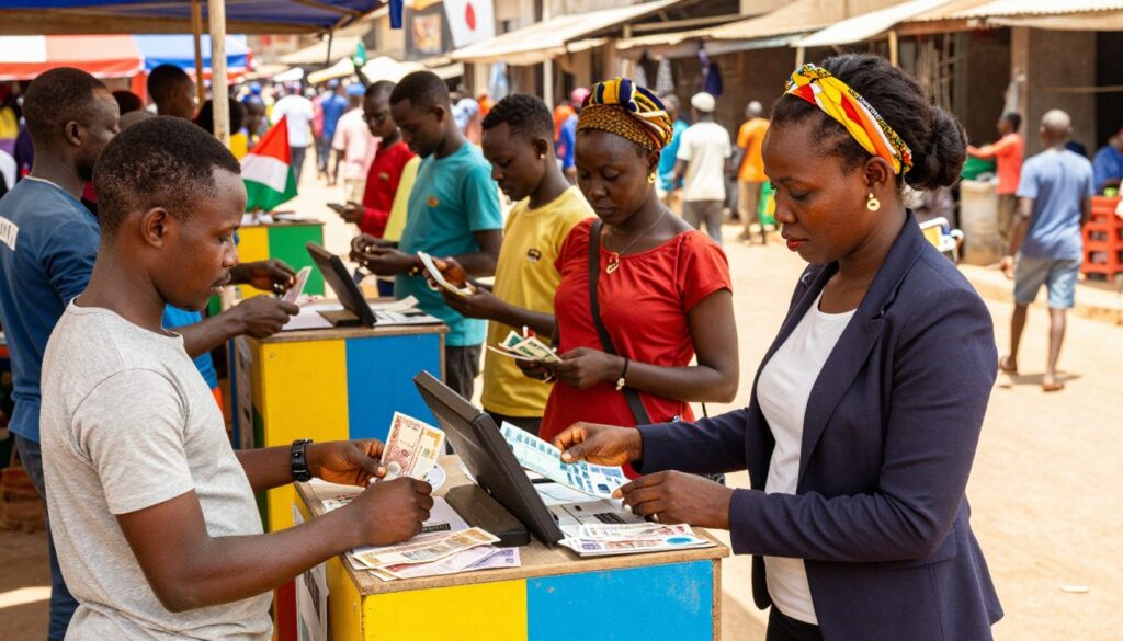 A bustling currency exchange scene in Ivory Coast featuring a brightly colored exchange booth adorned with flags and local currency In the foreground a professional looking woman in business attire is actively engaging with a focused customer at the exchange counter discussing rates The middle ground shows a diverse array of clients waiting in line each holding various currencies The background captures a vibrant street market filled with vendors and shoppers enhancing the lively atmosphere It is midday with warm sunlight streaming in casting soft shadows The camera angle is slightly elevated providing a dynamic view of the activity emphasizing a sense of movement and interaction in the currency exchange process The overall mood is energetic and bustling reflecting the lively economic exchange in the region