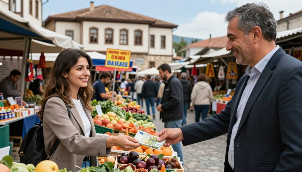 A bustling outdoor market scene in Kosovo with people exchanging euros highlighting daily financial life In the foreground a friendly vendor a middle aged man in professional casual attire is handing a stack of Euro banknotes to a smiling customer a young woman dressed in modest business attire In the middle ground various stalls display fresh produce and artisanal goods with colorful signs in both Albanian and Serbian The background features a historic building with traditional architectural elements under a clear blue sky conveying a lively atmosphere Soft natural lighting enhances the warmth of the scene while the angle captures the interactions and the vibrant market life illustrating the importance of the euro in everyday transactions in Kosovo