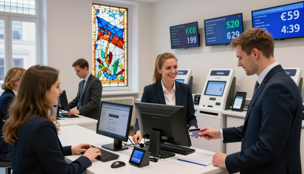 A busy currency exchange office in Estonia showcasing a sleek modern interior filled with professional looking staff dressed in smart business attire In the foreground a friendly employee assists a customer at a stylish counter adorned with digital currency exchange displays showing the Euro and USD rates The middle ground features customers interacting with digital kiosks for easy transactions while an eye catching stained glass window reflecting Estonias vibrant culture adds a unique artistic touch in the background Soft natural lighting filters through the window creating a welcoming atmosphere The overall mood is dynamic and efficient capturing the essence of using credit cards and digital payments in Estonia