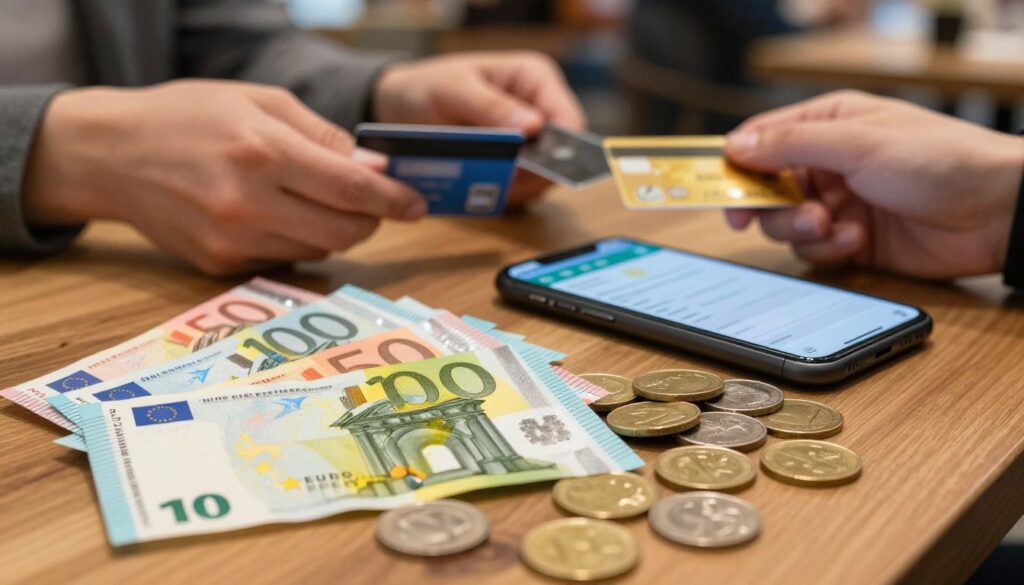 A close up view of a handful of colorful Euro banknotes and coins representing German currency The foreground features crisp brightly colored Euro notes arranged neatly showcasing their intricate designs Surrounding the notes shiny coins glimmer under soft natural lighting reflecting hues of gold and silver In the middle ground a smartphone displaying a digital payment app is placed next to the currency symbolizing modern payment methods The background includes a blurred café setting with patrons using credit cards and mobile devices to pay creating an atmosphere of busy urban life in Germany The image is warm and inviting with a focus on the ease of transactions The composition is balanced and visually appealing capturing the essence of using credit cards and digital payments in Germany