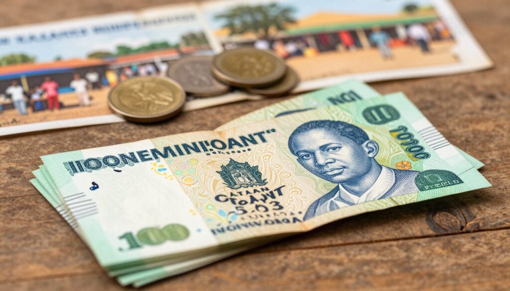 A close up view of a stack of colorful Ivorian currency notes prominently featuring the unique designs and vibrant hues such as green yellow and blue The foreground showcases the notes fanned out on a rustic wooden table with the intricate details of the banknotes visible including the emblem and security features In the middle ground there are a few coins with traditional Ivorian symbols The background subtly includes blurred images of everyday scenes in Côte dIvoire like markets or landscapes that evoke the local atmosphere Soft warm lighting casts a gentle glow over the image creating an inviting and informative mood that reflects the financial practices of travelers in Ivory Coast The angle is slightly above eye level offering a clear view of the currency