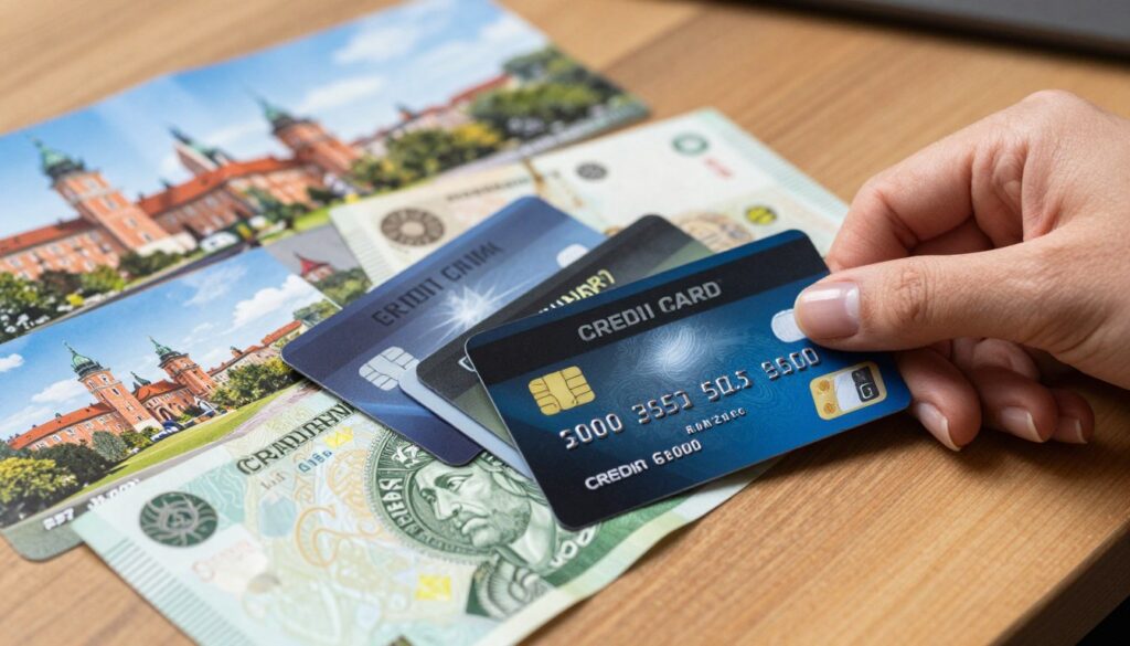 A close up view of several international credit cards fanned out on a wooden table adorned with Polish travel brochures and currency notes In the foreground a hand reaches for a card showcasing a well manicured finger with professional attire visible suggesting a traveler ready to make a purchase In the middle ground clear images of recognizable credit card logos are prominent symbolizing wide acceptance The background features a subtle hint of iconic Polish landmarks such as the Warsaw Old Town or Wawel Castle softly blurred to emphasize focus on the cards Natural light filters in casting gentle shadows enhancing the sceneaposs welcoming atmosphere evoking the feeling of exploration and confident spending abroad