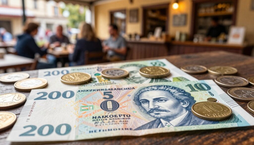 A close up view of various Hungarian forint banknotes and coins showcasing vibrant colors and intricate designs The foreground features a crisp 2000 forint note highlighted with its distinct patterns and the portrait of a famous Hungarian figure surrounded by a mix of coins including 5 10 and 100 forint pieces with their unique shapes and sizes In the middle a softly blurred backdrop of a rustic Hungarian café or market scene filled with people engaging in conversations managing their budgets The lighting is warm and inviting mimicking early evening sunshine filtering through the cafés windows creating a cozy atmosphere The image should capture a sense of financial responsibility and cultural richness emphasizing the importance of understanding the Hungarian monetary unit for travelers