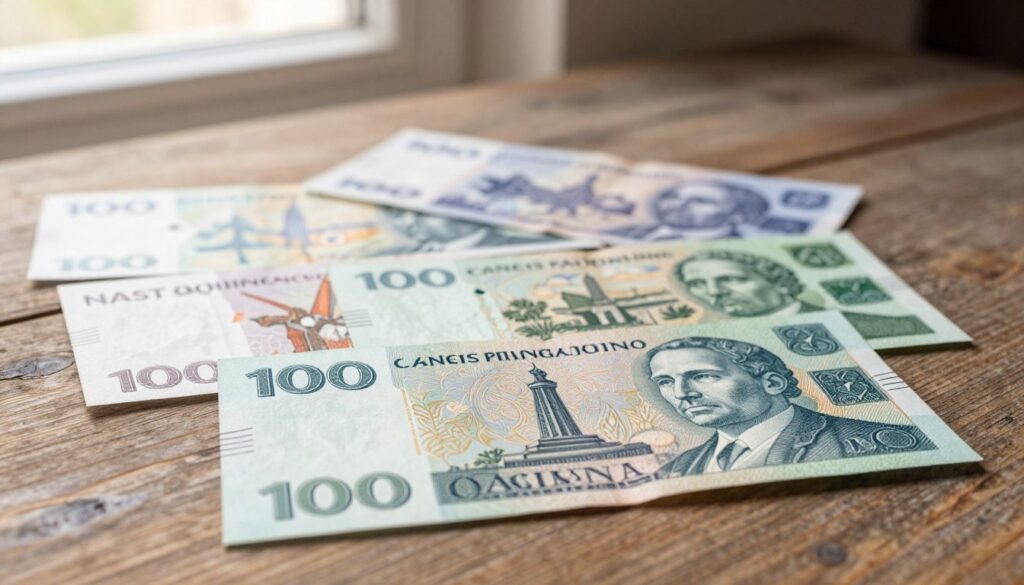 A collection of historical Latvian lats banknotes elegantly arranged on a rustic wooden table showcasing their intricate designs and vibrant colors In the foreground focus on a vintage Lats 100 note featuring the majestic silhouette of the Freedom Monument with its striking green and blue hues In the middle display several other denominations with varied artistic representations of Latvian culture and nature subtly blurred to maintain focus on the main note The background features a soft warm glow reminiscent of sunlight filtering through a window casting gentle shadows that add depth to the scene The atmosphere is nostalgic inviting viewers to appreciate the rich history of Latvias currency without any modern distractions The image should evoke curiosity and appreciation for the past