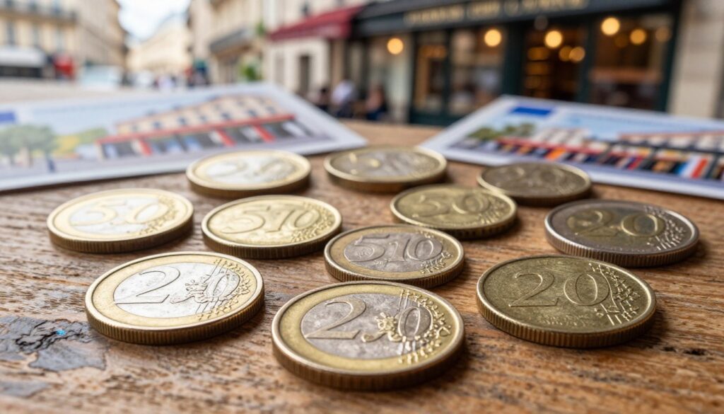 A collection of various French coins displayed on a rustic wooden table In the foreground showcase detailed images of one and two euro coins emphasizing their unique designs and intricate engravings The middle layer should include smaller denominations like 5 10 and 20 cent coins arranged artistically to create depth In the background softly blurred images of a Parisian café setting hinting at the vibrant culture and daily life in France The lighting is warm and inviting reminiscent of late afternoon sunlight filtering through the café windows enhancing the coins metallic gleam Capture a sense of richness and warmth reflecting the connection between currency and everyday experiences in France