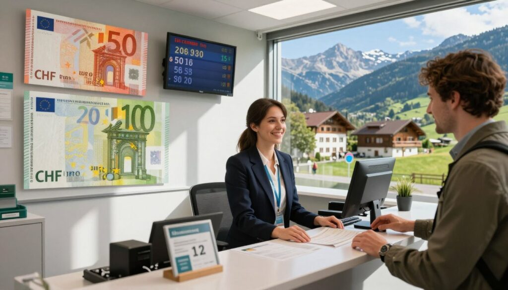 A detailed and informative scene depicting a currency exchange office in Liechtenstein In the foreground a professional looking exchange counter with a friendly attendant in a smart business attire assisting a traveler The middle of the image features various currencies including Swiss Francs CHF and Euros EUR displayed prominently along with a digital screen showing live exchange rates In the background a panoramic view of picturesque Liechtenstein landscapes with charming buildings and the Alps under a clear blue sky The lighting is bright and welcoming capturing an atmosphere of trust and professionalism with soft shadows to add depth Use a wide angle lens effect to showcase both the interior and the beautiful surroundings harmoniously The overall mood is vibrant optimistic and informative