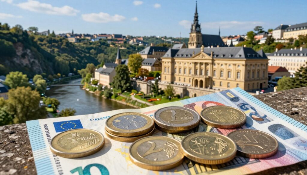 A detailed composition showcasing the euro with a prominent focus on a stack of gleaming euro coins and colorful banknotes in the foreground symbolizing Luxembourgs currency In the middle ground depict a scenic view of the Luxembourg City skyline featuring the iconic Grand Ducal Palace along with the historic Notre Dame Cathedral under a bright blue sky The background should include lush green hills and peaceful rivers representing the serene natural beauty of Luxembourg The lighting should be warm and inviting suggesting a sunny day with soft shadows enhancing the details of the currency and the cityscape Convey a sense of clarity and optimism ideal for travelers seeking financial information