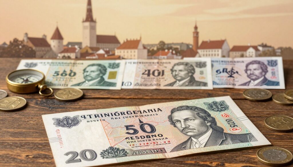 A detailed illustration showcasing the historical significance of the Estonian monetary system In the foreground an antique Estonian banknote is placed on a vintage wooden table capturing the intricate designs and historical dates The middle layer features various iterations of Estonian currency throughout history arranged in a visually appealing manner alongside symbolic items like a compass and old coins that represent trade and economy In the background a softly lit silhouette of Tallinns medieval skyline can be seen hinting at the citys rich history The lighting is warm and inviting evoking a sense of nostalgia and importance while the overall atmosphere is educational yet captivating ideal for illustrating the evolution of Estonias monetary landscape