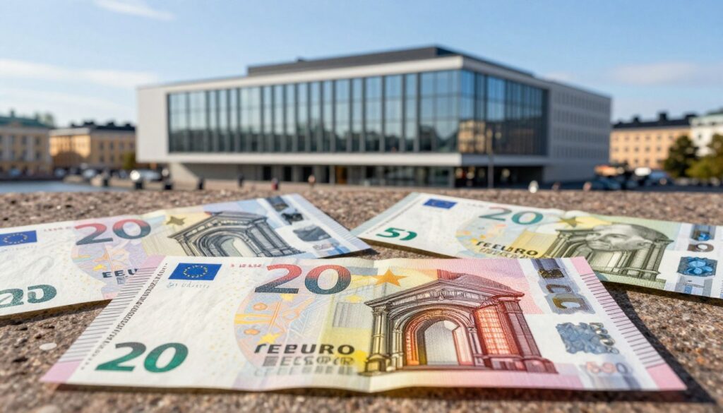 A detailed representation of the Bank of Finlands currency showcasing both modern and historical notes In the foreground prominently display a 20 Euro note featuring intricate designs like the iconic arch bridge and vibrant colors Surround it with various denominations including a 5 Euro note laid out artfully In the middle ground include a sleek contemporary building of the Bank of Finland its façade reflecting modern architecture with clean lines and geometric forms The background features a softly blurred cityscape of Helsinki with a clear blue sky evoking a sense of financial stability and innovation Use soft natural lighting to create an inviting atmosphere as if illuminated by a warm afternoon sun enhancing the richness of the banknotes colors Aim for a professional and polished look that conveys trust and the essence of Finnish financial policy