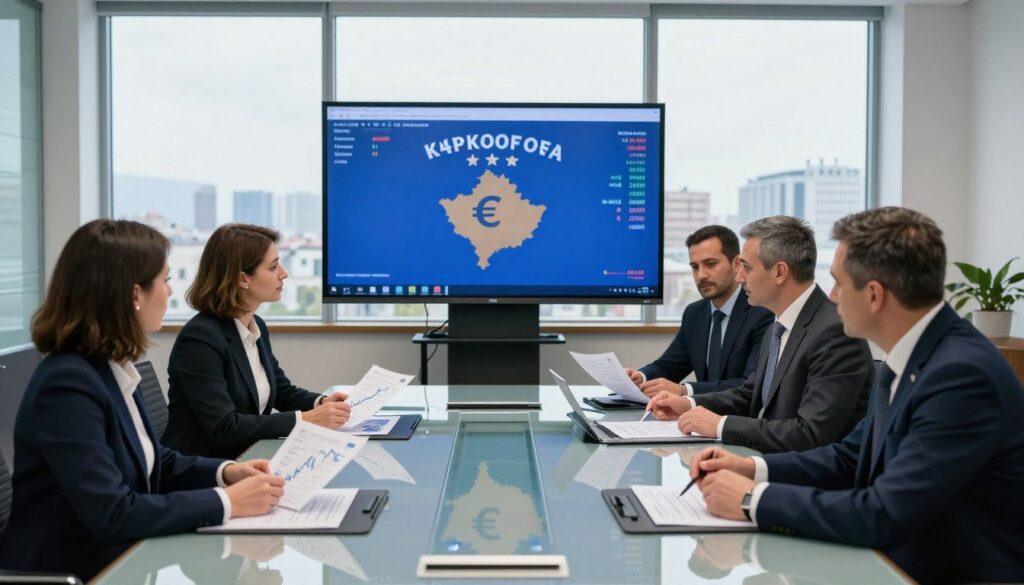 A detailed view of a modern financial office environment focused on a large glass conference table surrounded by well dressed professionals discussing Kosovos monetary policy In the foreground a diverse group of four individuals two women and two men are reviewing reports and charts about the Euro and economic trends in Kosovo The middle layer features a large digital screen displaying currency exchange rates and graphs with the Euro symbol prominently featured In the background large windows let in soft natural light highlighting a panoramic view of Pristinas skyline The atmosphere conveys a sense of professionalism and urgency emphasizing the importance of recent developments in Kosovos monetary policy No text or watermarks are present in the image