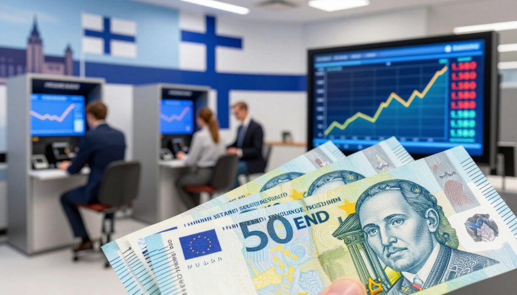 A digital artwork showcasing the concept of Finlands currency exchange rates In the foreground a detailed close up of Finlands euro banknotes fanned out alongside a vibrant graphic display of fluctuating exchange rate graphs The middle ground features a sleek modern currency exchange office with professional staff in business attire assisting clients creating an atmosphere of commerce and finance The background portrays an iconic Finnish skyline with Finnish flags gently waving adding a national context to the image The lighting is bright and uplifting reminiscent of a busy trading day with a clear perspective that highlights both the currency and the exchange environment The overall mood is informative and professional ideal for financial education