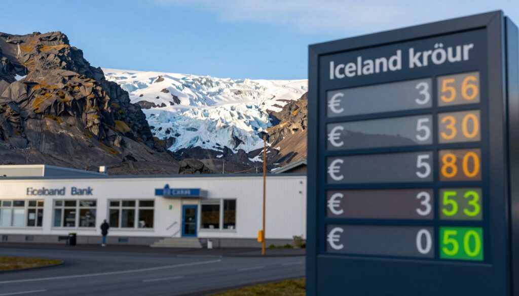 A dynamic and visually striking image depicting the concept of the Iceland Euro exchange rate In the foreground a close up of a currency exchange display board showcasing the exchange rates for euros to Icelandic krónur with numbers visually highlighting fluctuations The middle ground features a scenic backdrop of Icelands stunning landscapes including dramatic mountains and glaciers under a crisp blue sky Gentle sunlight illuminates the scene casting natural light that enhances the vibrant colors of the Icelandic scenery In the background a modern Icelandic bank building subtly represents financial institutions The atmosphere is informative yet engaging embodying a blend of natural beauty and economic activity with an overall mood of calm professionalism The image should have a clear focus without any text or additional distractions