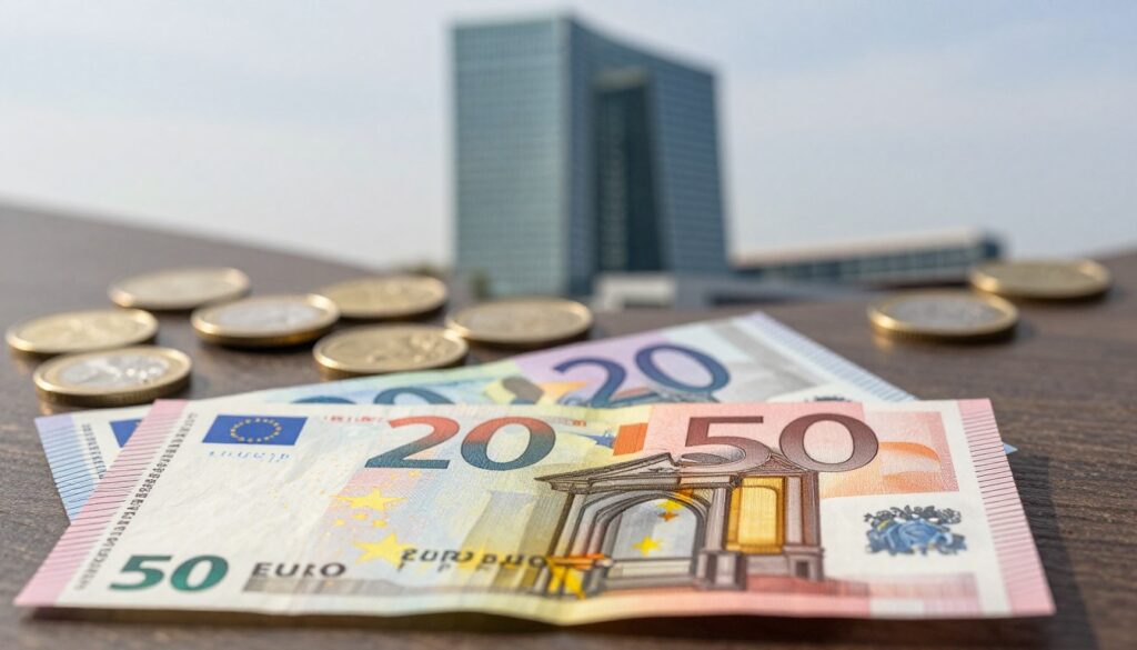 A highly detailed and realistic depiction of current French currency the Euro prominently displayed in the foreground with a stack of 10 20 and 50 Euro banknotes fanned out Each note exhibits its vibrant colors and intricate designs highlighting the security features such as holograms and watermarks In the middle ground a tasteful amount of Euro coins is scattered glimmering in soft natural light The background features a blurred silhouette of the European Central Banks modern architecture conveying its pivotal role in Europes economy The ambiance radiates professionalism and stability with a subtle warm light illuminating the currency creating a welcoming yet informative atmosphere The scene is expertly captured at a slight angle to emphasize depth and enhance the visual appeal