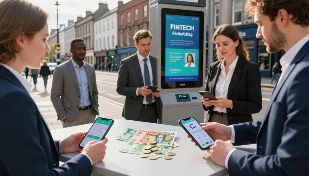 A modern Irish city street scene showcasing the impact of digital finance on cash usage In the foreground a diverse group of professionals in business attire gather around a digital payment kiosk accentuating the shift towards cashless transactions In the middle traditional Irish banknotes and coins scattered on a table juxtapose with smartphones displaying digital wallets and contactless payment apps The background features iconic Irish architecture with digital billboards promoting fintech services Warm afternoon sunlight filters through the scene casting soft shadows creating a harmonious blend of tradition and innovation Capture the mood of a vibrant economy portraying a seamless integration of digital finance into everyday life emphasizing the evolution of currency in Ireland