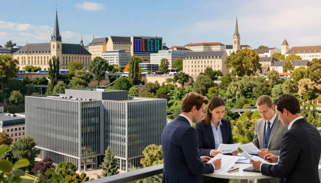 A modern and dynamic representation of the Luxembourg financial system featuring a skyline of Luxembourg City with prominent banking institutions in the foreground surrounded by lush green parks The middle ground includes professionals in business attire engaged in discussions analyzing portfolios and reviewing financial reports The background shows the impressive architecture of European buildings beneath a bright blue sky suggesting a thriving economy Incorporate elements like a digital stock market screen subtly integrated into the scene to indicate technologys role in finance Use soft warm lighting to create an optimistic and forward looking atmosphere Capture the image from a slightly elevated angle providing a comprehensive view of both the people and the city emphasizing the vibrancy and growth within Luxembourgs financial landscape