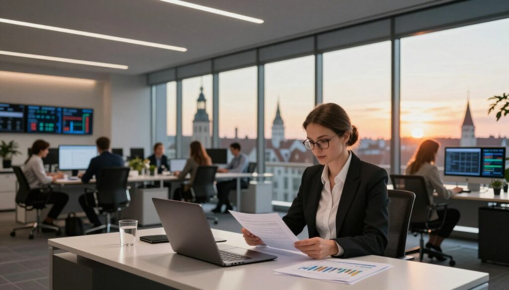 A modern banking office in Latvia featuring sleek design elements large glass windows showcasing a panoramic view of the Riga skyline In the foreground a professional woman in business attire reviews financial documents at a stylish desk with a laptop and financial charts The middle ground includes a busy workspace with employees collaborating in a conference room and financial data displayed on screens In the background the sun sets casting warm golden light creating an inviting atmosphere The lighting emphasizes a blend of modernism and tradition in Latvias banking sector The image captures the professionalism and dynamism of the Latvian banking industry illustrating standards of trust and innovation