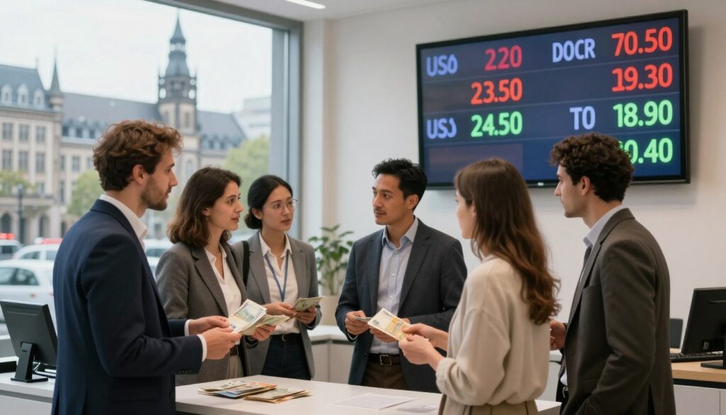 A modern currency exchange office in Germany showcasing the current exchange rates for US dollars to euros The foreground features a digital display board with clear vibrant numbers indicating the exchange rates In the middle a diverse group of travelers dressed in professional business attire and modest casual clothing are engaged in discussion while exchanging currency In the background an urban setting with iconic German architecture such as a historic building or the silhouette of a famous landmark creates context Soft natural lighting illuminates the scene creating an inviting atmosphere The camera is positioned at eye level capturing the interactions and the details of the exchange office emphasizing the financial theme without any text or logos in the image