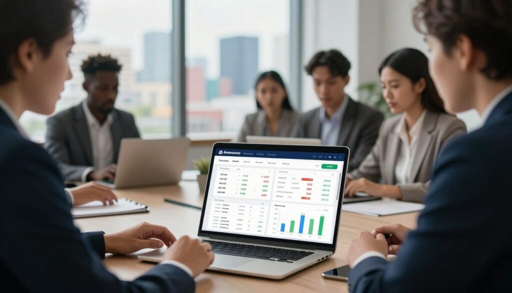 A modern digital currency exchange service interface displayed on a sleek laptop in a well lit office environment The foreground features a diverse group of professionals in business attire engaged in a discussion analyzing currency exchange data on the screen The middle ground includes charts and digital graphs illustrating the exchange rates specifically highlighting the conversion from US dollars to Ivory Coast currency XOF The background shows a vibrant cityscape through large windows symbolizing the US financial landscape Soft natural lighting creates a warm and professional atmosphere while a slight depth of field effect focuses on the laptop screen emphasizing the digital nature of the currency exchange process