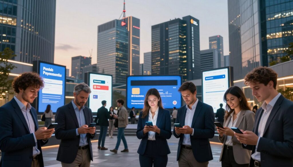 A modern urban landscape showcasing Polish payment networks featuring a sleek city skyline at dusk In the foreground a diverse group of professionals dressed in business attire enthusiastically discussing mobile payment options on their smartphones The middle ground captures digital screens displaying various credit card logos and financial app interfaces glowing softly The background features towering skyscrapers with illuminated billboards advertising fintech solutions The lighting is warm and inviting creating a dynamic atmosphere that conveys innovation and growth in financial technology Use a wide angle lens to capture the bustling city environment emphasizing the integration of technology in everyday transactions and evoke a sense of progress and excitement in Polish financial landscapes