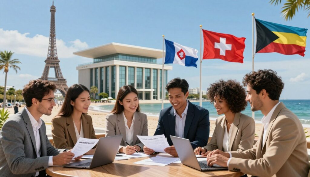 A picturesque scene showcasing the best countries for Americans to open a bank account featuring iconic landmarks such as the Eiffel Tower in France a modern bank building in Switzerland and a serene beach in the Bahamas In the foreground a diverse group of professionals in smart casual attire are discussing financial documents with laptops open symbolizing international banking The middle ground includes flags of various countries subtly waving while the background showcases each countrys vibrant culture with a blue sky and natural daylight illuminating the scene The atmosphere is optimistic and inviting capturing the allure of banking abroad with a focus on accessibility and professionalism The composition should create a sense of collaboration and opportunity in an international context
