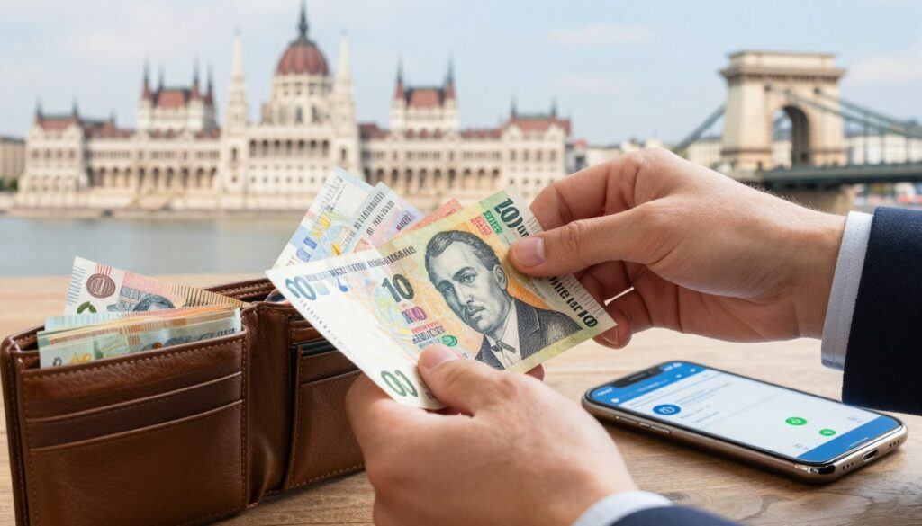 A polished informative scene illustrating safety tips for handling Hungarian currency featuring a close up of a hand professionally dressed checking banknotes with careful attention Surrounding the hand a focus on a wallet opened to display organized cash alongside a shiny modern mobile phone showing a currency conversion app In the background softly blurred images of iconic Hungarian landmarks such as the Parliament building and Chain Bridge suggesting a safe environment Warm natural lighting enhances the colors of the banknotesfocusing on the vibrant and distinct designs The atmosphere is calm and secure emphasizing the importance of financial safety and awareness for travelers in Hungary The angle should be slightly elevated to capture both the hand and wallet effectively creating a visually engaging and informative image